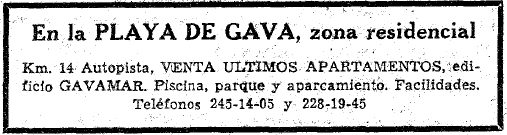 Anuncio de los apartamentos GAVAMAR de Gav� Mar publicado en el diario LA VANGUARDIA (10 de Julio de 1965)